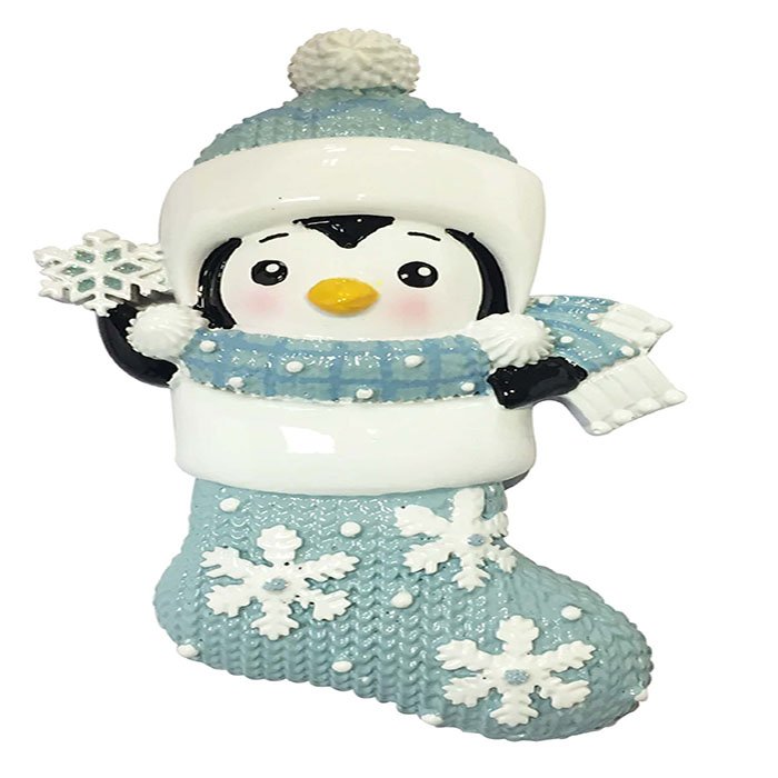 OR2114-B - Baby Penguin in Snowflake Stocking - Blue Personalized Christmas Ornament