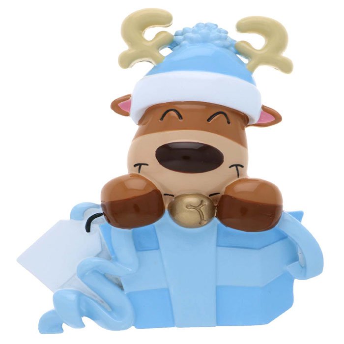 OR2398-B - Baby Reindeer in Gift Box Blue Personalized Christmas Ornament